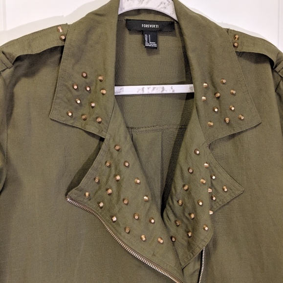 Forever 21 Studded Linen Moto Jacket Green Small - Picture 2 of 6